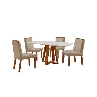 Conjunto Sala De Jantar Mesa Floripa 120x80cm Off White Com 4 Cadeiras Pérola Veludo Bege