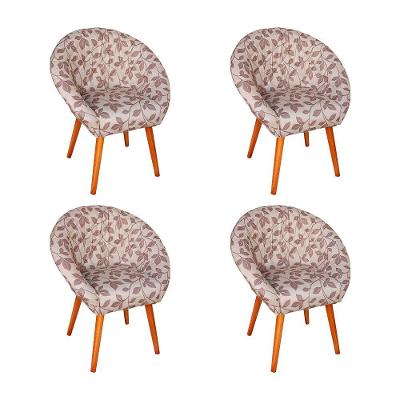 Kit 4 Poltronas Decorativa Canastra Estofada Veludo Floral Marrom Pés Palito Em Madeira Maciça