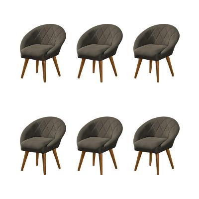 Kit 6 Poltronas Decorativa Canastra Estofada Linho Marrom Café Pés Palito Em Madeira Maciça