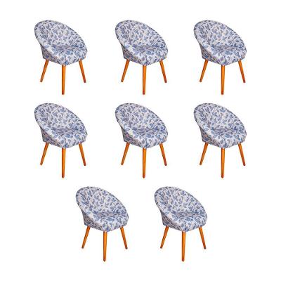 Kit 8 Poltronas Decorativa Canastra Estofada Veludo Floral Azul Pés Em Madeira Maciça