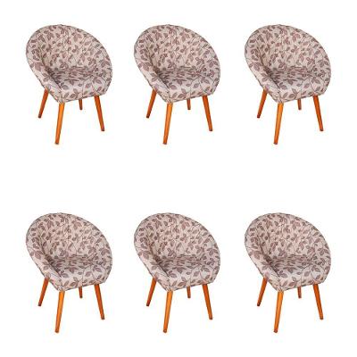 Kit 6 Poltronas Decorativa Canastra Estofada Veludo Floral Marrom Pés Palito Em Madeira Maciça