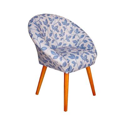 Poltrona Decorativa Canastra Estofada Veludo Floral Azul Pés Em Madeira Maciça