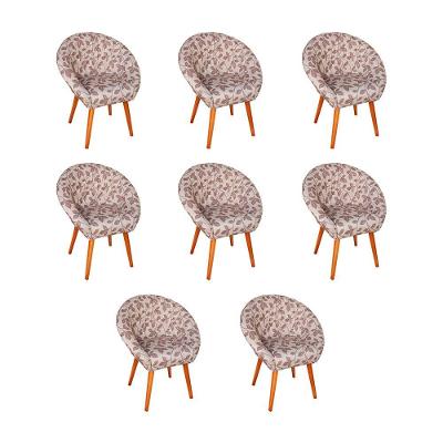 Kit 8 Poltronas Decorativa Canastra Estofada Veludo Floral Marrom Pés Palito Em Madeira Maciça