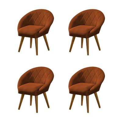 Kit 4 Poltronas Decorativa Canastra Estofada Veludo Laranja Terracota Pés Palito Em Madeira Maciça