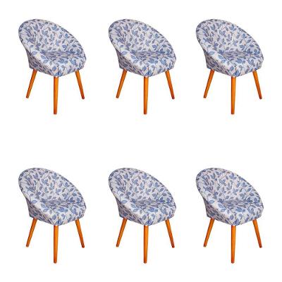 Kit 6 Poltronas Decorativa Canastra Estofada Veludo Floral Azul Pés Em Madeira Maciça