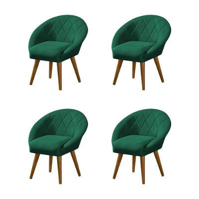 Kit 4 Poltronas Decorativa Canastra Estofada Veludo Verde Esmeralda Pés Palito Em Madeira Maciça