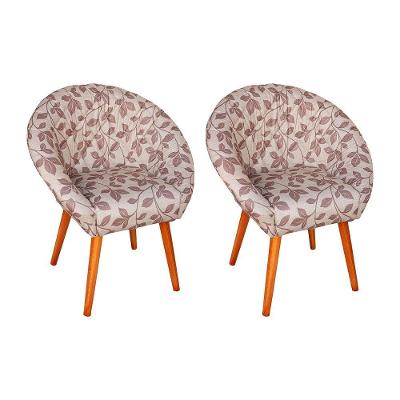 Kit 2 Poltronas Decorativa Canastra Estofada Veludo Floral Marrom Pés Palito Em Madeira Maciça