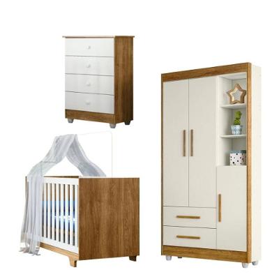 Quarto Bebê C- Berço Mini Cama,guarda Roupa,cômoda E Colchão Branco-amadeirado