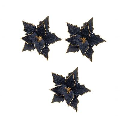 Kit Com 3 Poinsettia Preta Aveludada Com Detalhes Dourados 33cm