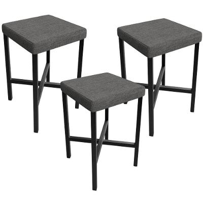 Kit 03 Banquetas Baixa Bar Cozinha Sala De Jantar Preto Stella L02 Linho Cinza Escuro - Lyam Decor