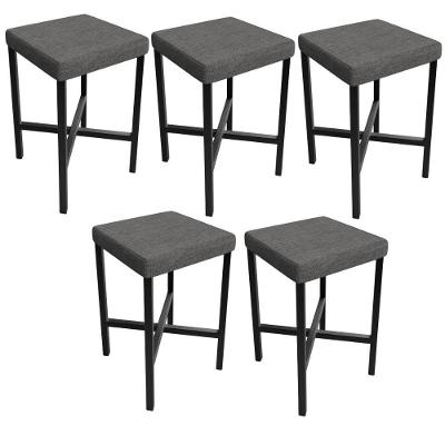 Kit 05 Banquetas Baixa Bar Cozinha Sala De Jantar Preto Stella L02 Linho Cinza Escuro - Lyam Decor