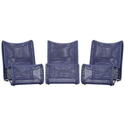 3 Poltronas Texas Em Alumínio Preto Corda Náutica Trama Azul