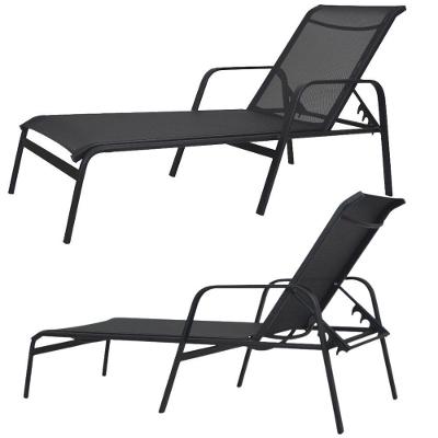 Kit 2 Cadeira Espreguiçadeira De Piscina Alumínio E Tela Sling Preto + Mesinha Preto