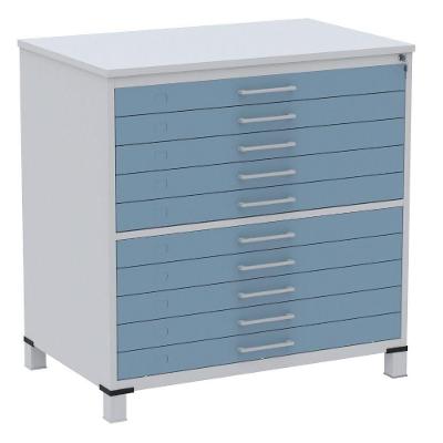 Mapoteca 10 Gavetas Pandin 120cm (larg) Inmetro Tampo Mdp Cinza Estrutura Aço Cinza Gaveta Azul Dali