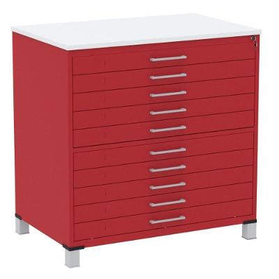 Mapoteca 10 Gavetas Pandin 120 Cm (larg) Inmetro Tampo Mdp Branco Estrutura E Gaveta Em Aço Vermelho
