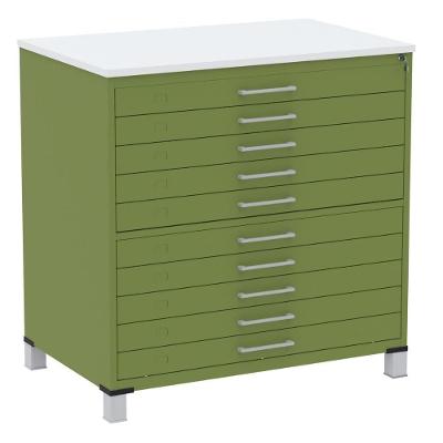 Mapoteca 10 Gavetas Pandin 120 Cm (larg) Inmetro Tampo Mdp Branco Estrutura E Gavetas Em Aço Verde