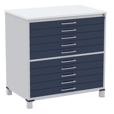Mapoteca 10 Gavetas Pandin 120 Cm (larg) Inmetro Tampo Mdp Branco Estrutura Aço Cinza Gavetas Azul