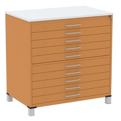 Mapoteca 10 Gavetas Pandin 120 Cm (larg) Inmetro Tampo Mdp Branco Estrutura E Gavetas Em Aço Laranja