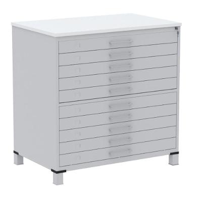 Mapoteca 10 Gavetas Pandin 120 Cm (larg) Inmetro Tampo Mdp Branco Estrutura Aço Cinza Gavetas Cinza
