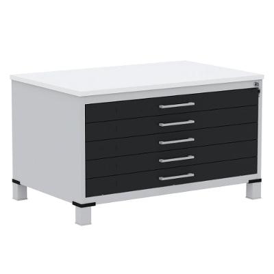 Mapoteca 5 Gavetas Pandin 120 Cm (larg) Inmetro Tampo Mdp Branco Estrutura Aço Cinza Gavetas Pretas