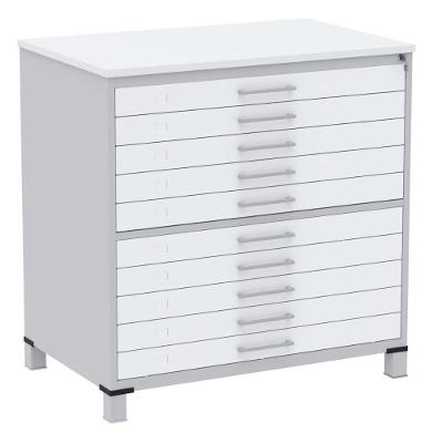Mapoteca 10 Gavetas Pandin 120cm (larg) Inmetro Tampo Mdp Branco Estrutura Aço Cinza Gavetas Brancas