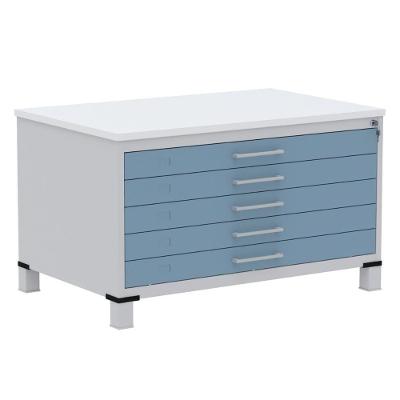Mapoteca 5 Gavetas Pandin 120cm (larg) Tampo Mdp Branco Estrutura Aço Cinza Gaveta Azul Dali