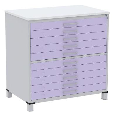 Mapoteca 10 Gavetas Pandin 120 Cm (larg) Inmetro Tampo Mdp Branco Estrutura Aço Cinza Gavetas Lilás