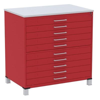 Mapoteca 10 Gavetas Pandin 120 Cm (larg) Inmetro Tampo Mdp Cinza Estrutura E Gavetas Em Aço Vermelho