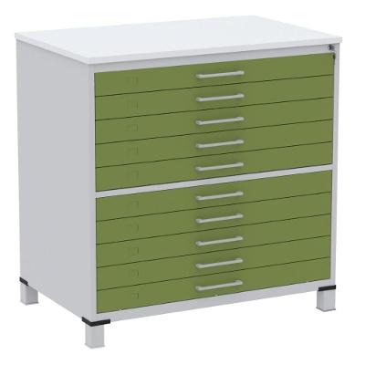 Mapoteca 10 Gavetas Pandin 120 Cm (larg) Inmetro Tampo Mdp Branco Estrutura Aço Cinza Gavetas Verdes