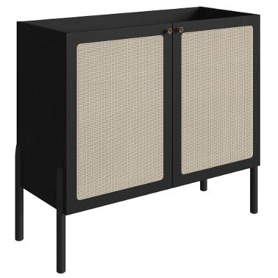 Balcão Bar Buffet 2 Portas Oslo Artesano 93 Cm (largura) Mdp Nero Palha Sintética Bege Pé Madeira