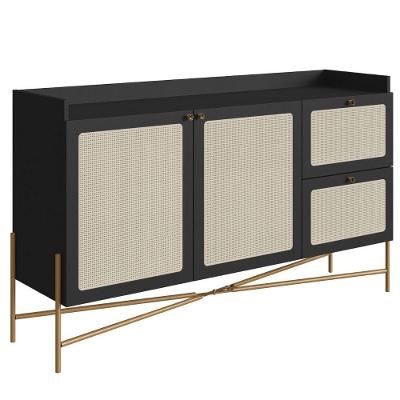 Balcão Buffet 2 Portas Oslo Artesano 139 Cm (largura) Mdp Nero Palha Sintética Bege Pé Metal Dourado