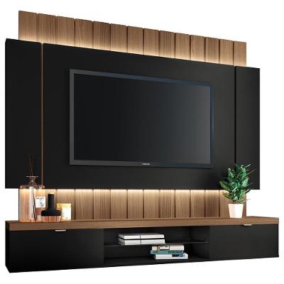 Painel Para Tv 55 Pol Ripado Com Bancada Suspensa Luzzi B01 Preto Castanho - Lyam Decor