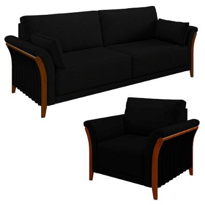 Kit Sofá Living 3 Lugares E Poltrona 102cm Pés Madeira Roya M22 Veludo Preto - Mpozenato