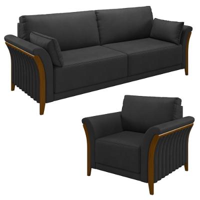 Kit Sofá Living 3 Lugares E Poltrona 102cm Pés Madeira Roya M22 Pu Preto - Mpozenato