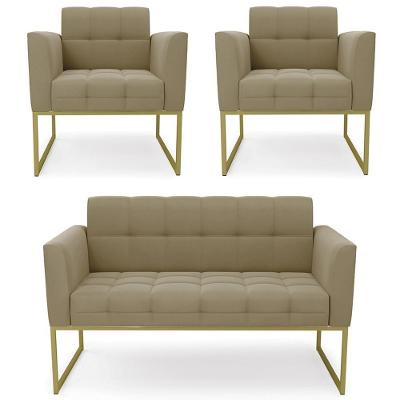 Sofá Namoradeira E 2 Poltronas Base Industrial Dourado Ana Suede Marrom Rt - Ibiza