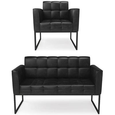Sofá Namoradeira E 1 Poltrona Base Industrial Preto Ana Sintético Pu Preto - Ibiza