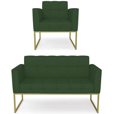 Sofá Namoradeira E 1 Poltrona Base Industrial Dourado Ana Veludo Luxo Verde - Ibiza