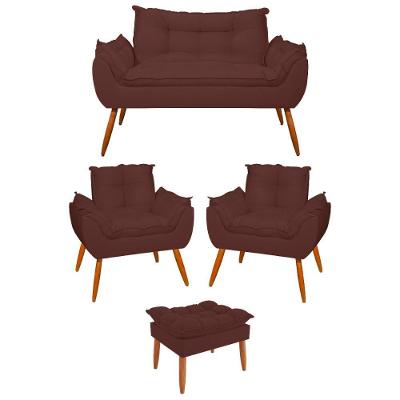 Kit 02 Poltronas + Sofá 2 Lugares Com Puff Opala Balaqui Marrom