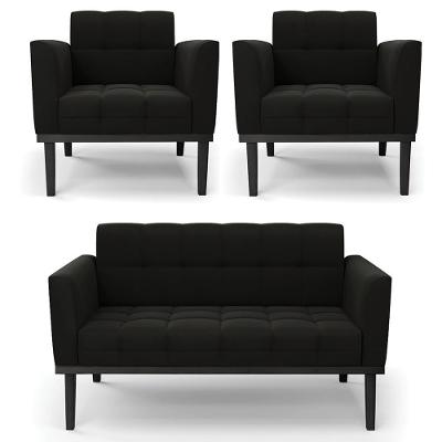 Sofá Namoradeira E 2 Poltronas Base Madeira Preto Ana Suede Preto - Ibiza