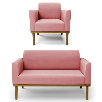 Sofá Namoradeira E 1 Poltrona Base Madeira Castanho Maressa Suede Rosê - Ibiza