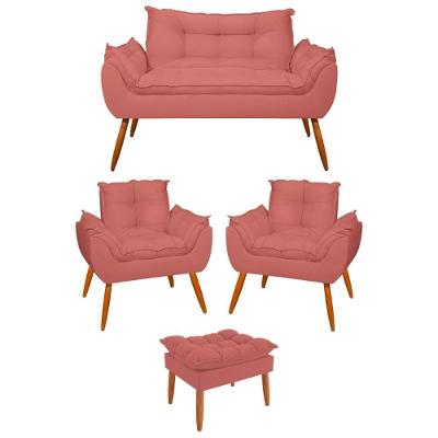Kit 02 Poltronas + Namoradeira + Puff Opala Balaqui Decor Rosa