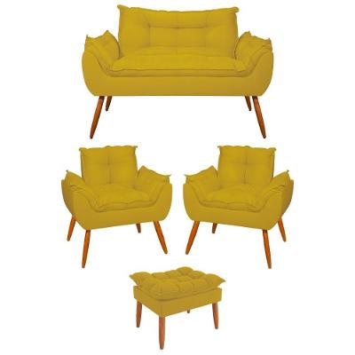 Kit 02 Poltronas + Namoradeira + Puff Opala Balaqui Decor Amarelo