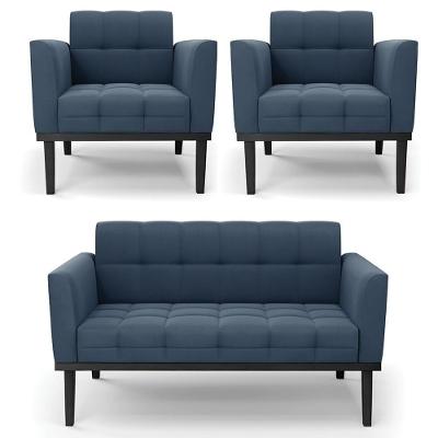 Sofá Namoradeira E 2 Poltronas Base Madeira Preto Ana Suede Azul Marinho - Ibiza