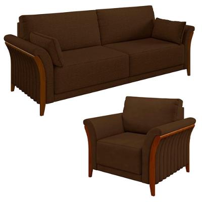 Kit Sofá Living 3 Lugares E Poltrona 102cm Pés Madeira Roya M22 Veludo Marrom - Mpozenato