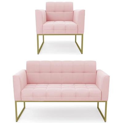 Sofá Namoradeira E 1 Poltrona Base Industrial Dourado Ana Suede Rosa Bebê - Ibiza