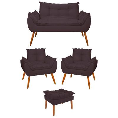 Kit 02 Poltronas + Sofá 2 Lugares Com Puff Opala Balaqui Cinza