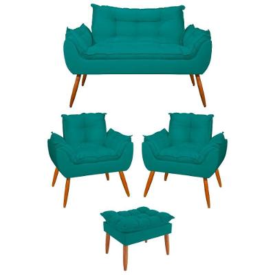 Kit 02 Poltronas + Sofá 2 Lugares Com Puff Opala Balaqui Azul Turquesa