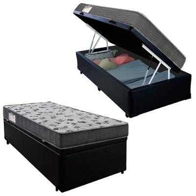 Cama Box Baú Solteiro Sintético + Colchão De Molas Ensacadas Sereneprime Preto 88 x 188 x 62 cm