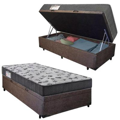 Cama Box Baú Solteiro Suede + Colchão De Molas Ensacadas Marrom Sereneprime 88 x 188 x 62 cm