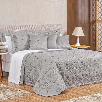 Kit Cobre Leito Colcha Marie Queen 3 Peças Bordado Floral 180 Fios - Cinza